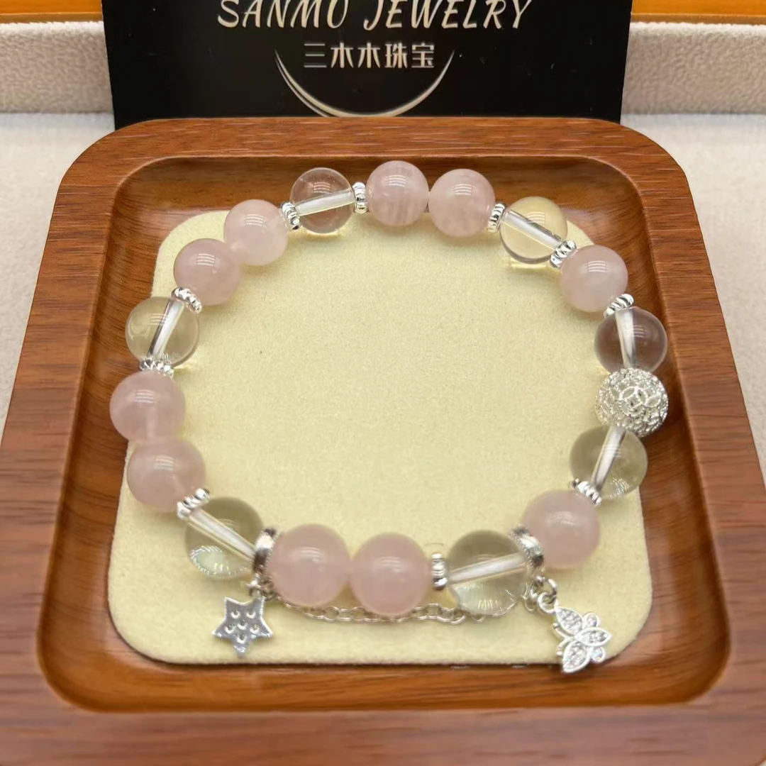 33天然水晶手串白水晶粉水晶女生手串原创设计