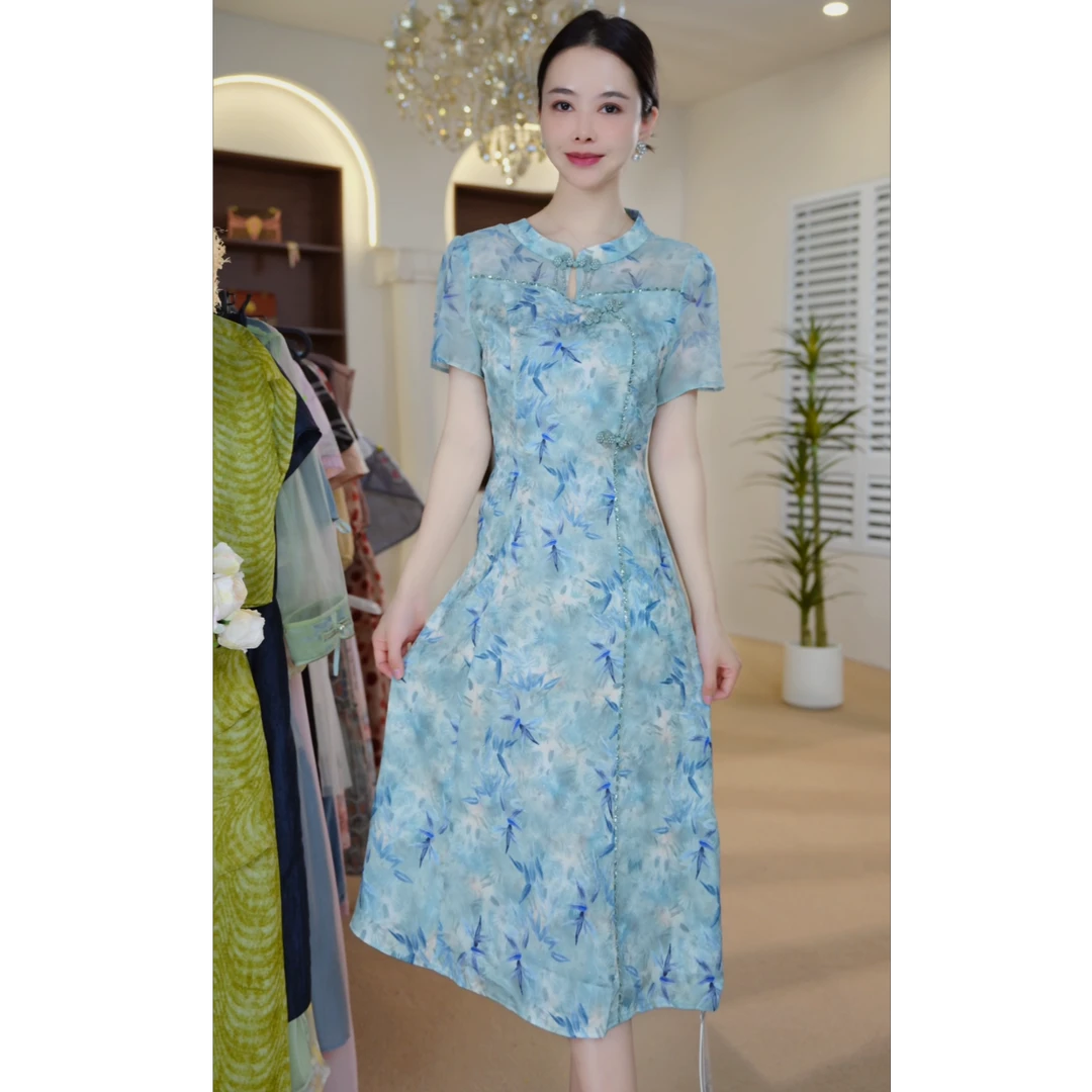 国风改良旗袍连衣裙女气质爆款短袖礼服裙子D5152