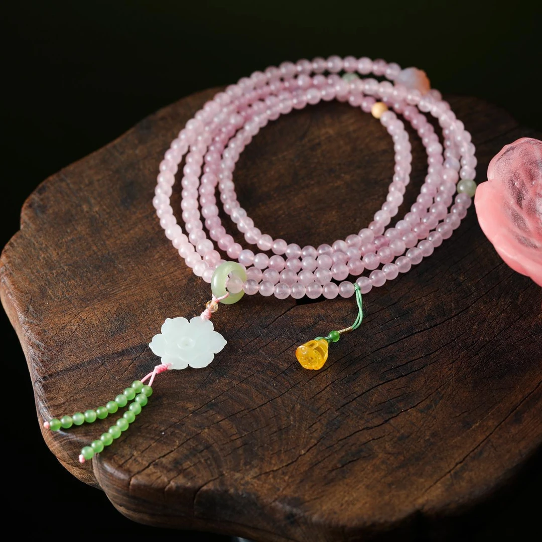 【意蝉】精品斜挎粉晶多圈18k金和田玉雕花琥珀盐源配件-902497