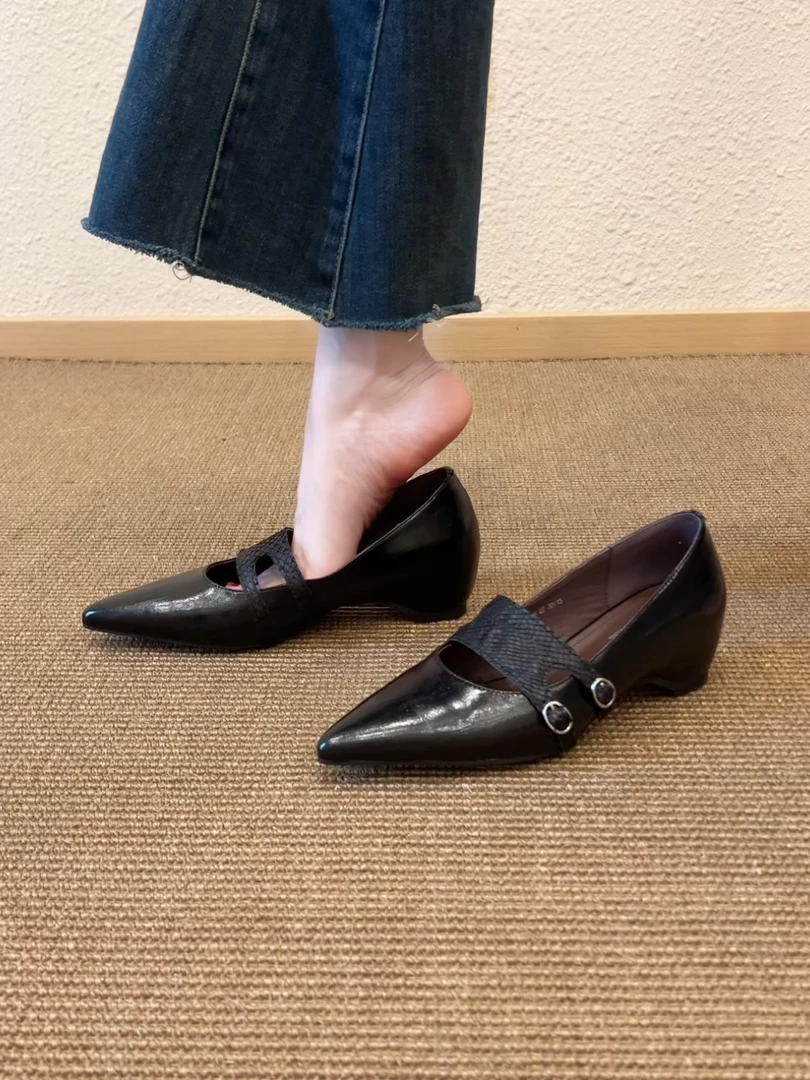 Pokoy-5cm法式增高浅口内增高尖头单鞋秋季高跟黑色中跟