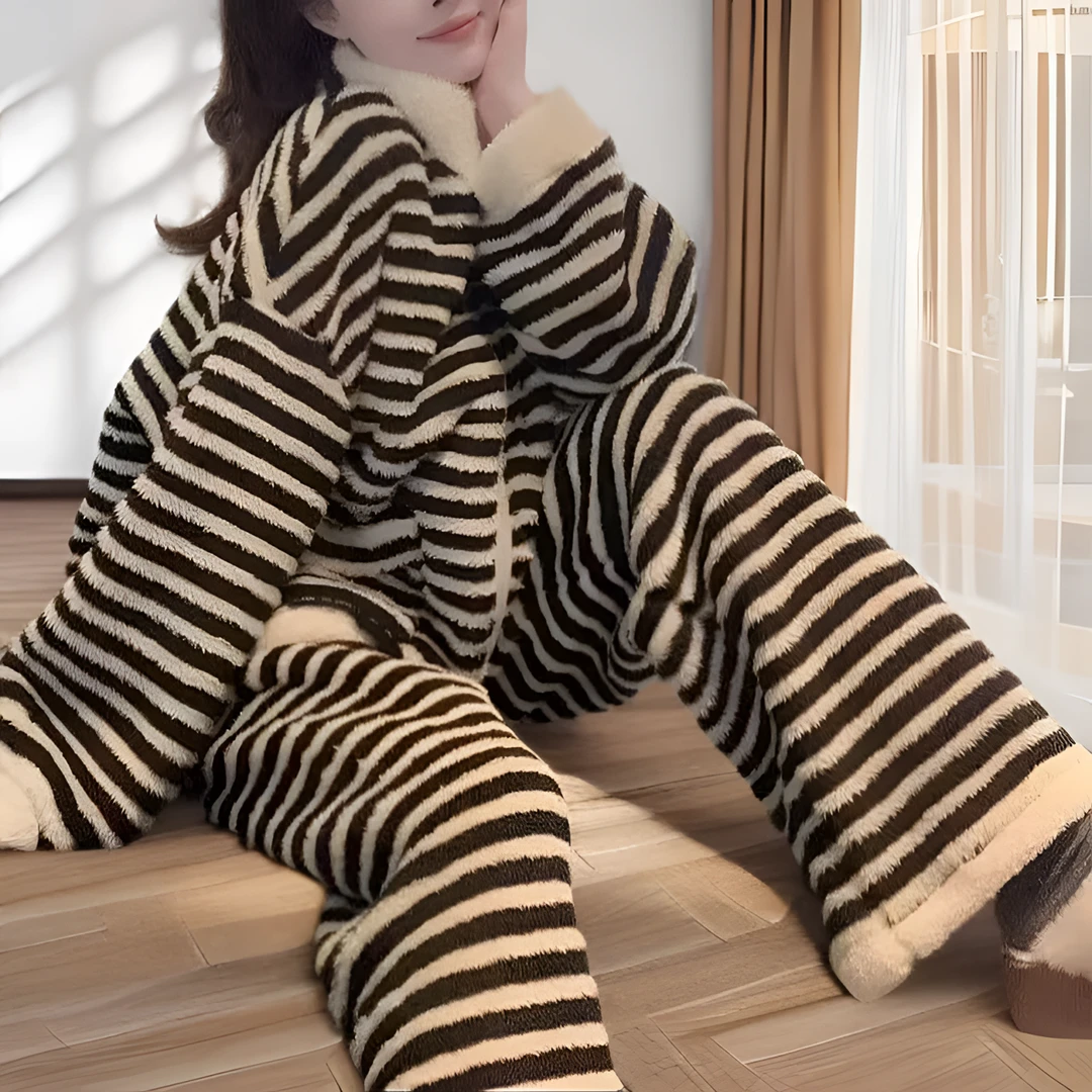 冬装上新韩版时尚简约风条纹冬季睡衣家居服套装