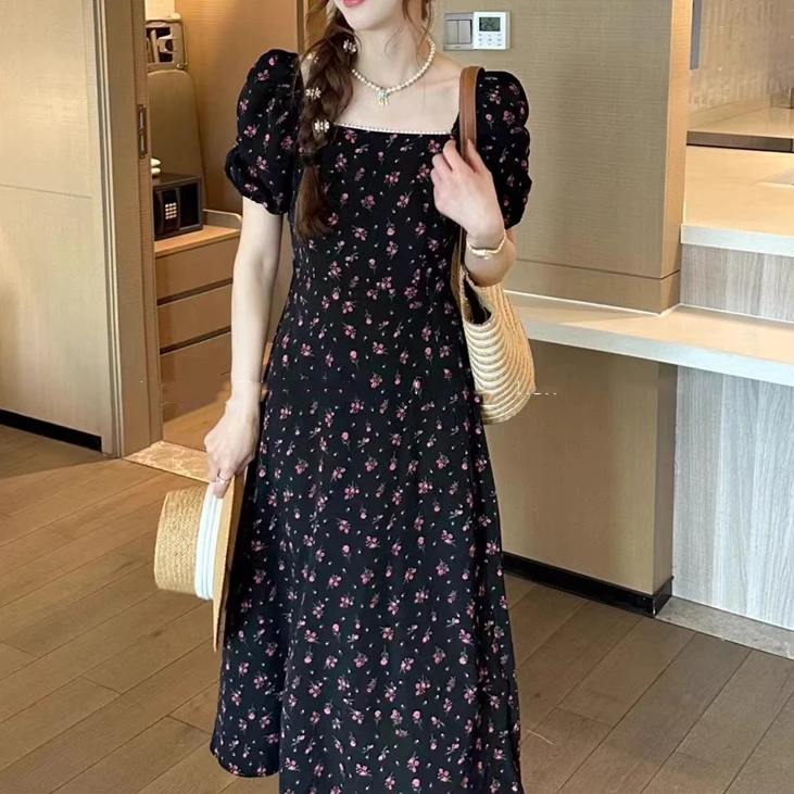 卡莲格夏季2025新款简约百搭气质中长裙法式收腰碎花茶歇连衣裙女