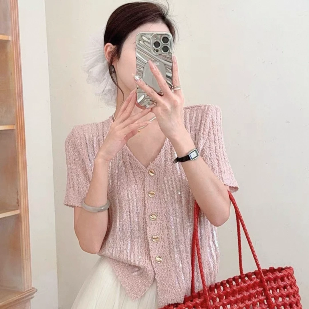 小香风轻奢亮片针织开衫女V领薄毛衣外套短袖早春chic上衣