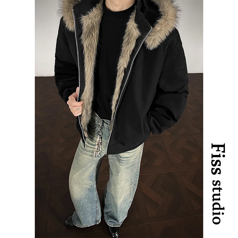 美式高街痞帅重磅加绒防寒棉服座山雕解构可拆连帽加厚棉衣冬季男