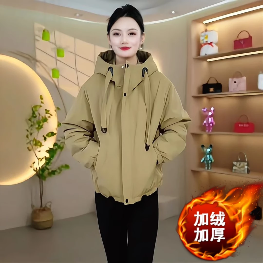 加绒加厚连帽派克服女冬季新款时尚气质休闲百搭防风保暖棉衣外套