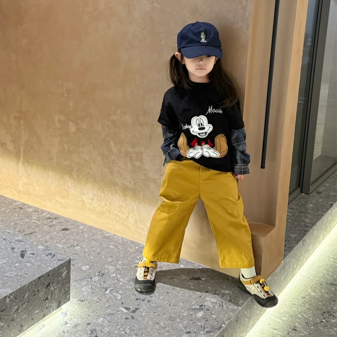 壹妈童装韩版女童秋装套装儿童洋气假两件卡通T恤黄色休闲裤