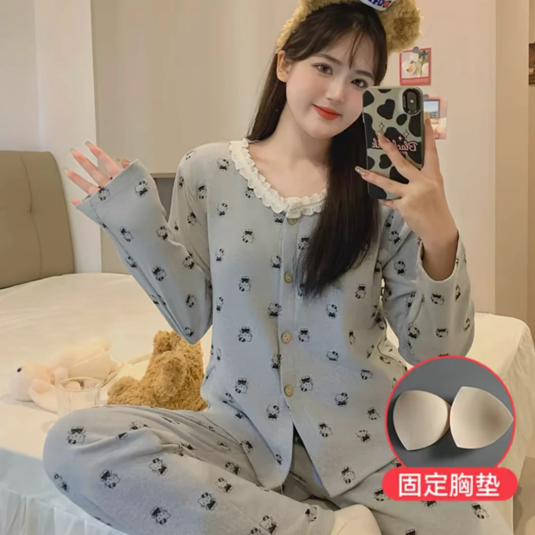 1034*甜美可爱带胸垫睡衣女春秋新款宽松长袖睡衣套装薄款春秋季