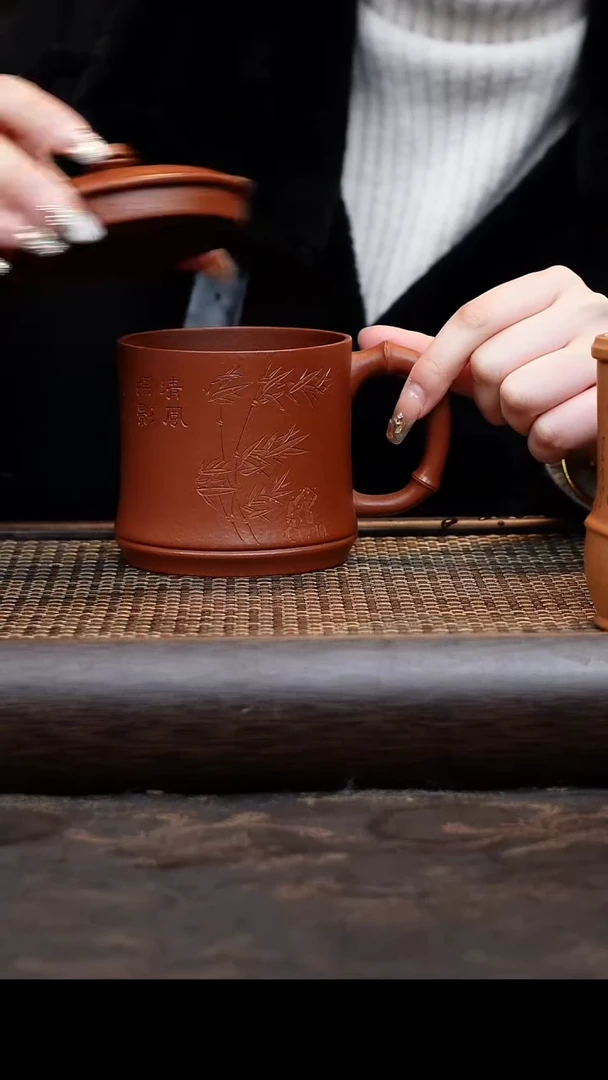 【闪购商品】紫砂茶杯朱泥竹节刻竹叶
