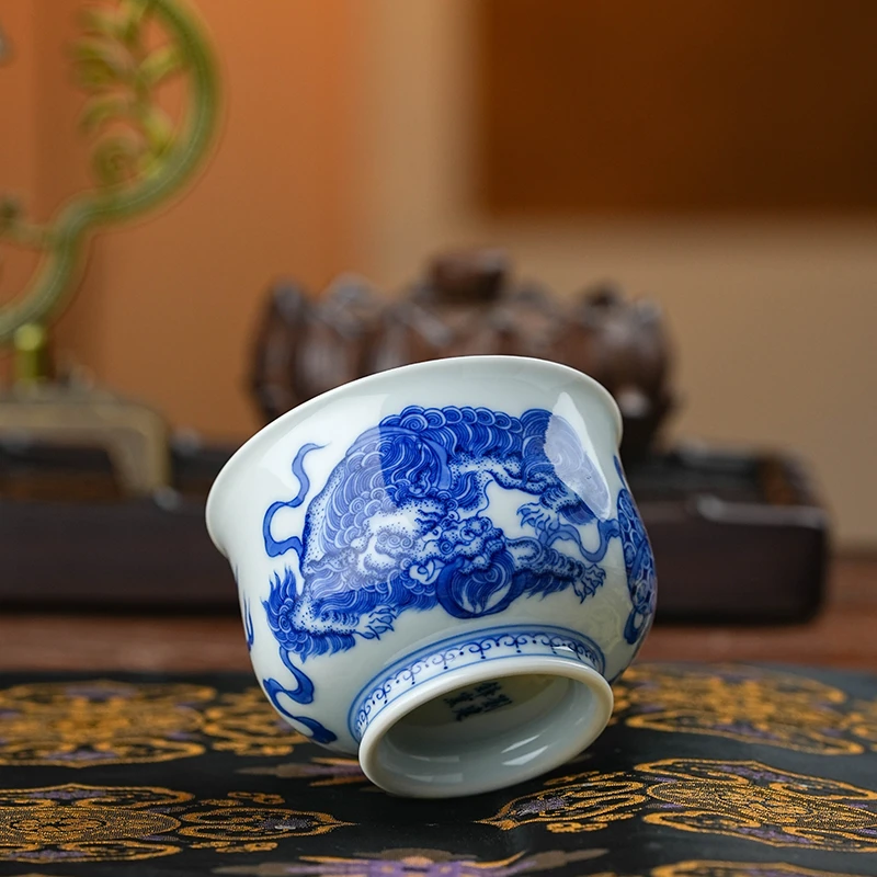 正德御窑刘建锋窑手绘柴窑双狮炉式杯狮子杯纯手工泡茶杯中式铃铛