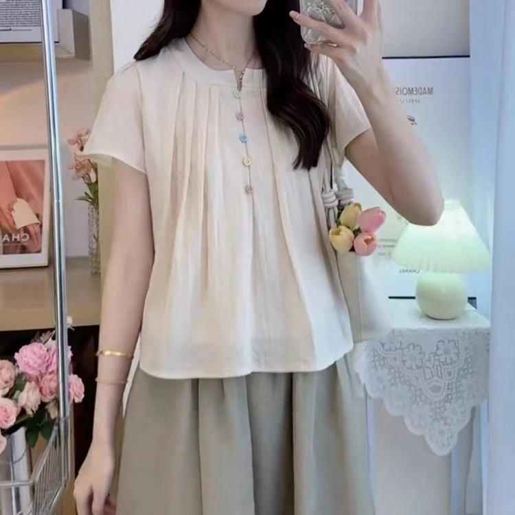 夏季韩版宽松显瘦立领时尚衬衣女短袖彩色扣上衣衬衫洋气设计感