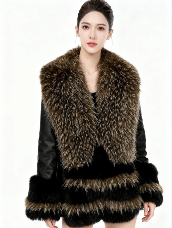 轻奢女王NY25052冬季时尚皮草外套短款女士黑色秋冬气质短外套