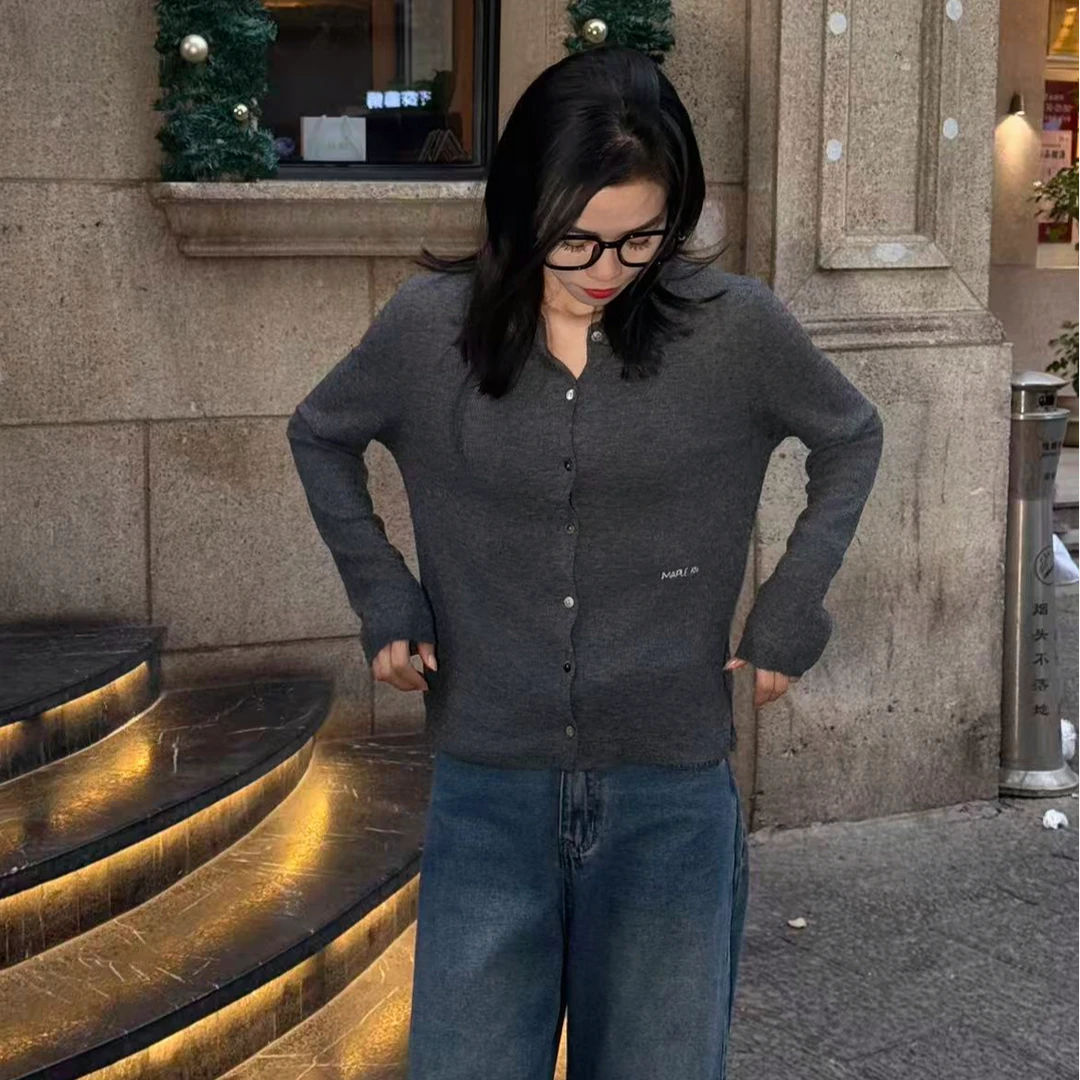 圆领针织常规款薄款常规毛针织衫长袖灰色翻领开衫C54FZZ144