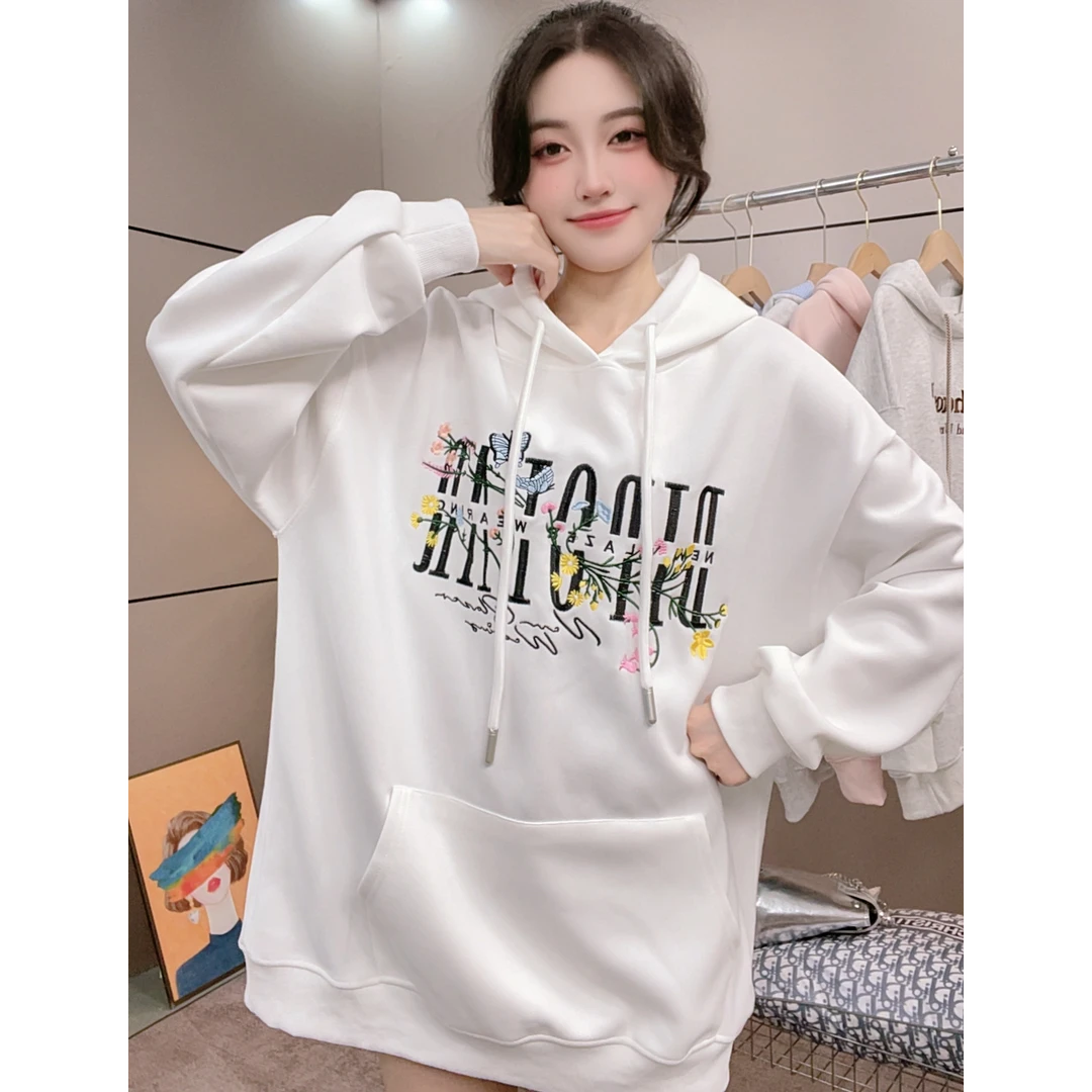 【刺绣花语】重磅宽松遮屁股卫衣刺绣srek大码连帽卫衣外套春秋款女