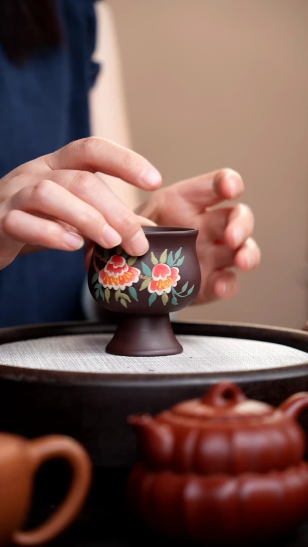 茶壶紫砂紫泥高脚杯石榴花