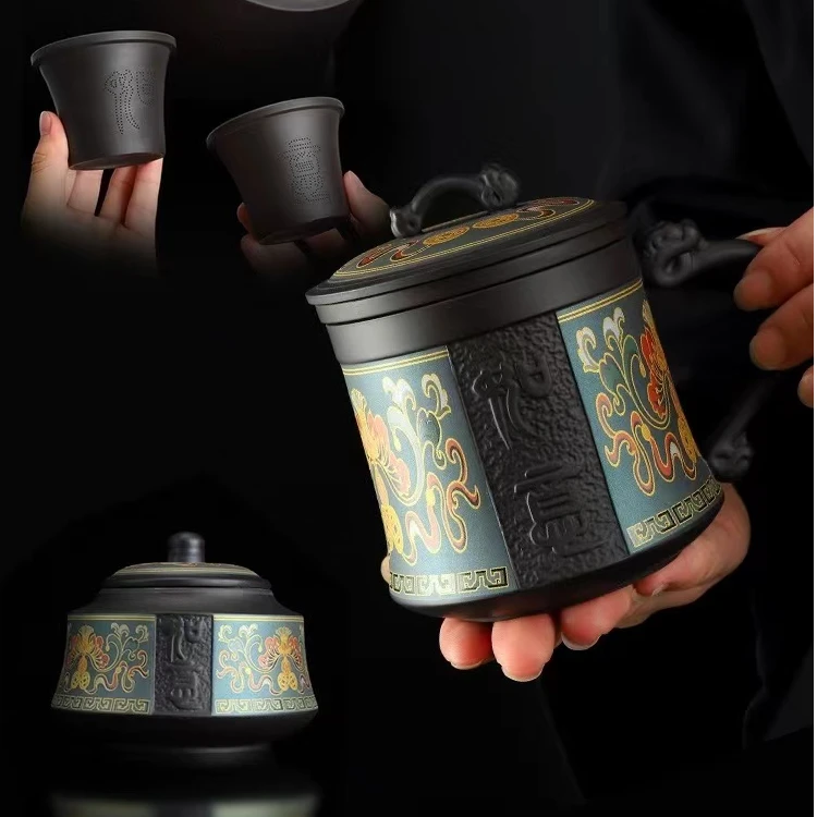 紫砂茶器带盖过滤茶水分离杯家用个人专用高档男士办公杯礼盒装