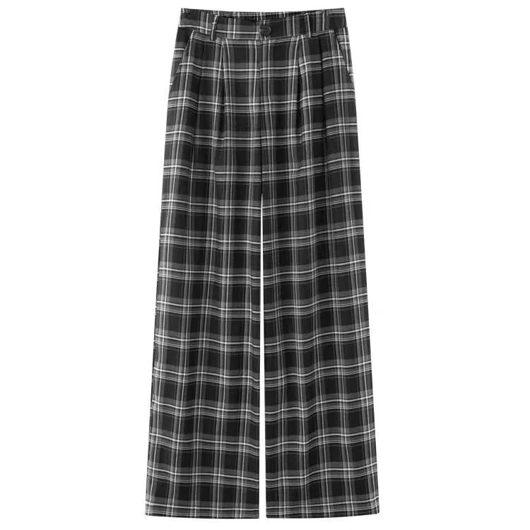 1432春季新款高腰宽松休闲格纹阔腿直筒裤女