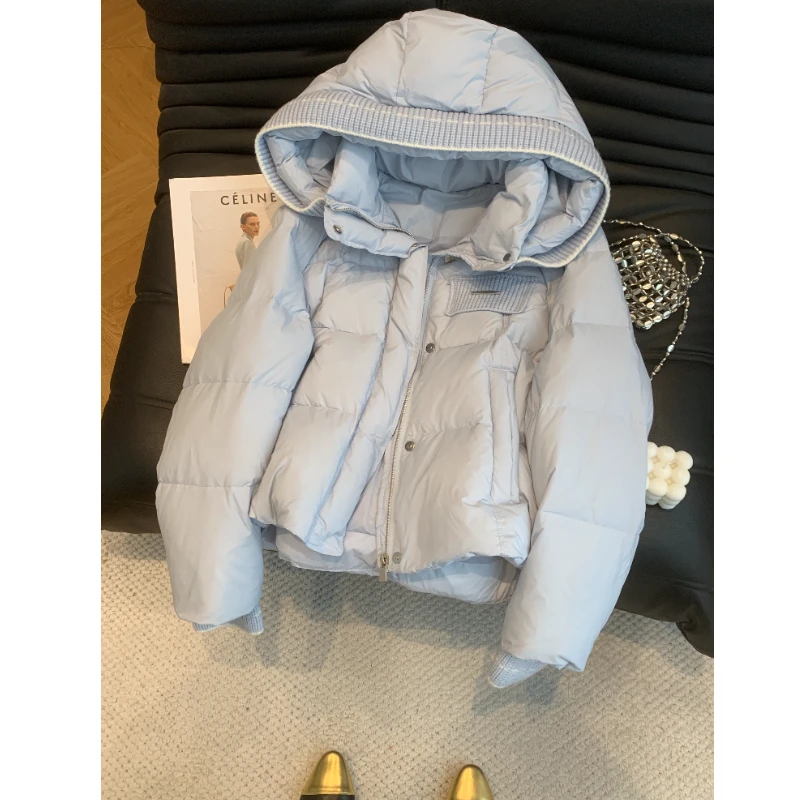 2025年冬装新款流行气质短款棉服棉衣毛线针织拼接连帽领潮流外套