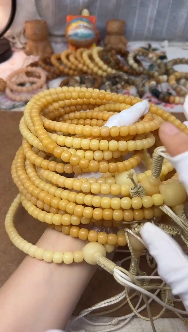 菩提根/象牙果手串8*9干磨缅小料念珠黄色系一条3106