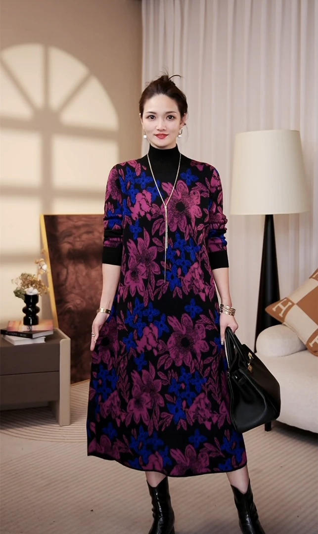 气质[黑霞]高级秋冬保暖妈妈时尚气质洋气毛衣连衣裙-1212#