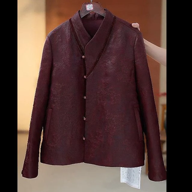 吴 新款新中式 老料油蜡皮红云纱桑蚕丝棉服1418256