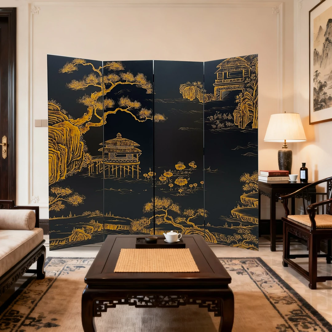 TS599描金山水屏风高180*宽50cm*4片