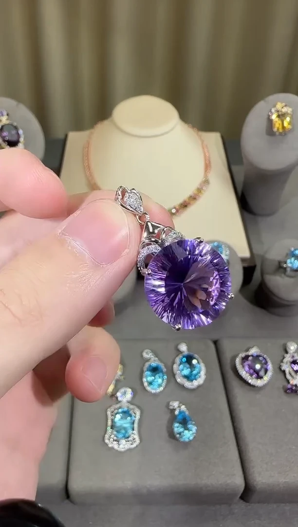 颈饰银S925镶嵌紫晶16mm简约设计款吊坠