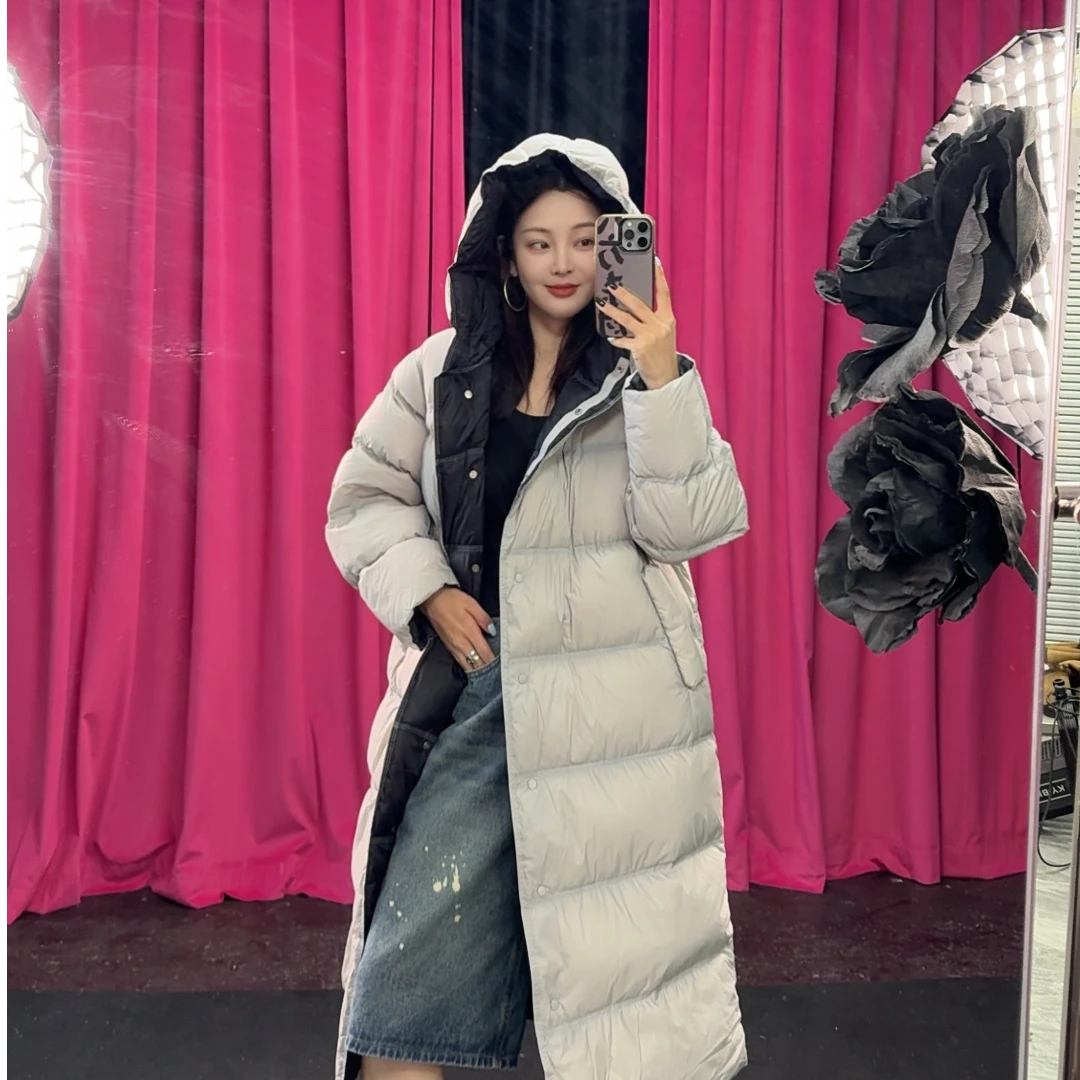 b96 灰色/黄色长款羽绒服 女
