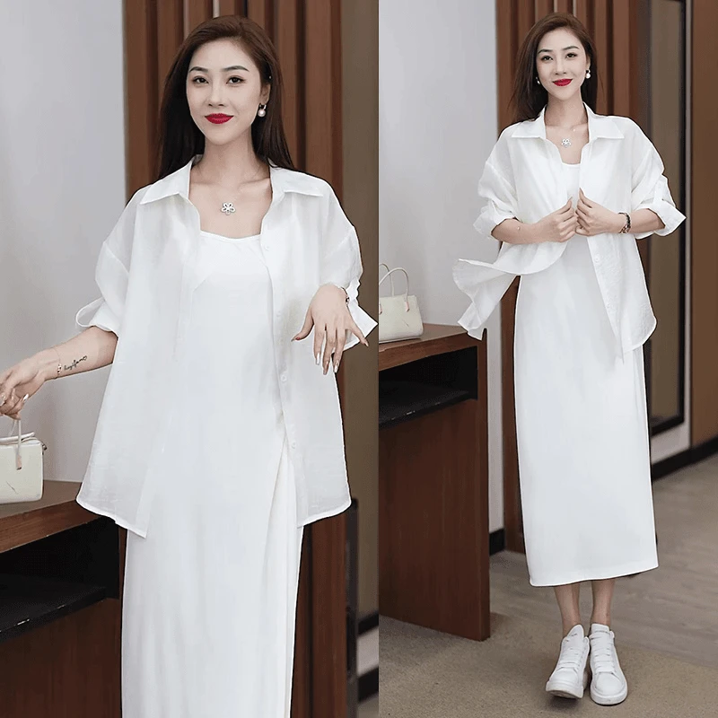 2025新款夏季爆款气质高级感轻熟减龄吊带裙套装衬衫连衣裙两件套