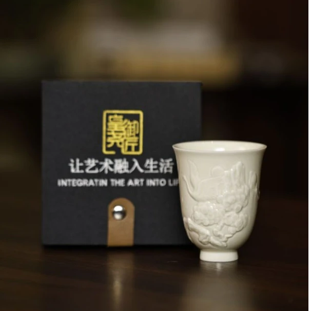 大宋定窑——松鹤主人杯 茶杯高温瓷松鹤 长寿杯 铃铛杯