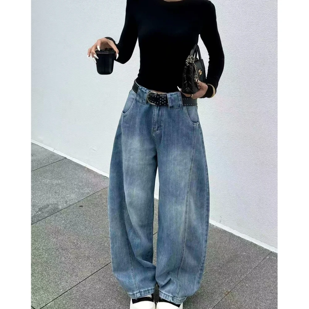 美式复古水洗弯刀牛仔裤女2025秋季新款休闲百搭竹节纹慵懒阔腿裤