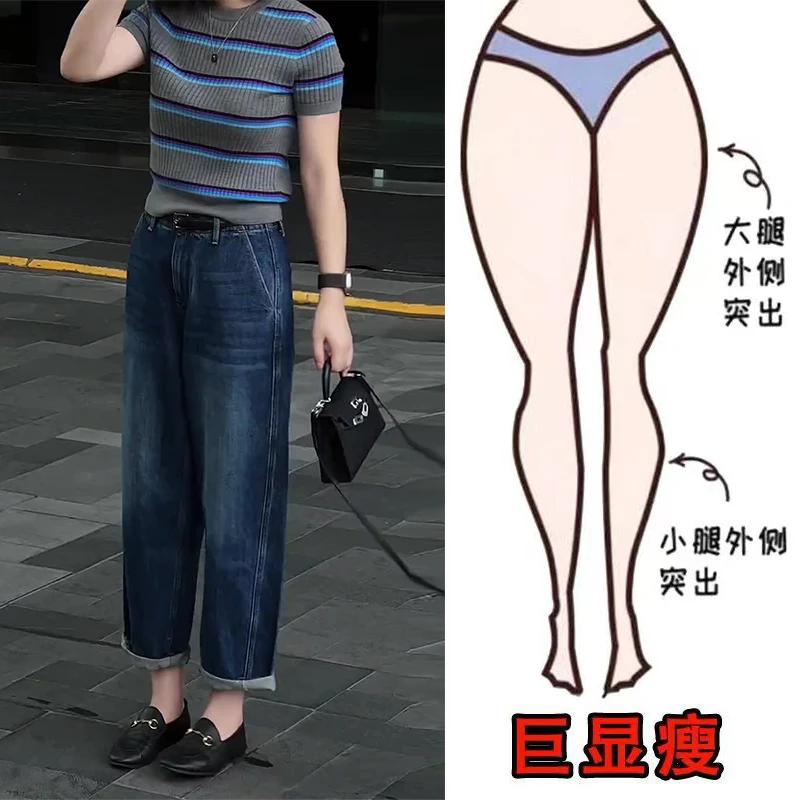 早秋新款时尚气质休闲百搭水洗显瘦宽松高腰直筒阔腿八分牛仔裤