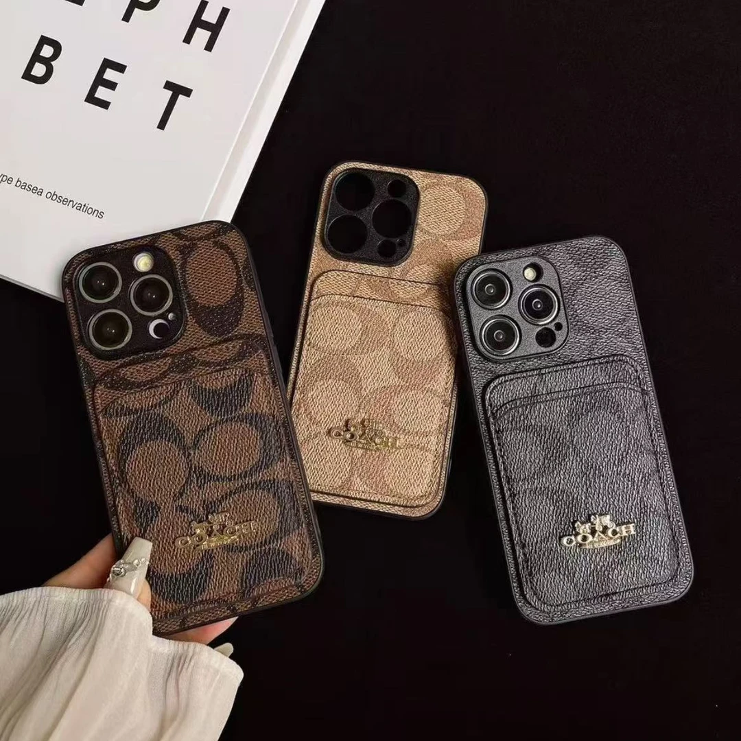 欧美风皮质手机壳适用iPhone16ProMax插卡防摔轻奢款时尚大牌15