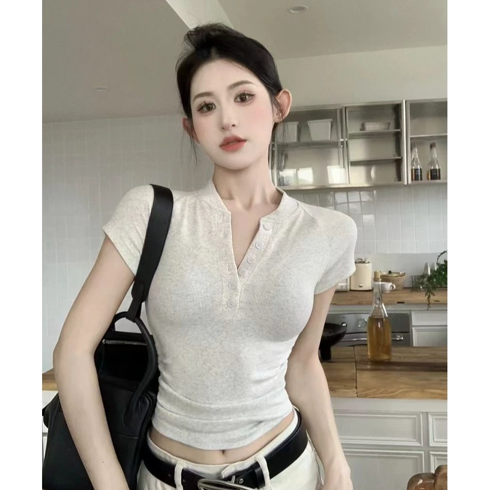 美式T恤女复古螺纹短袖上衣修身褶皱性感短款打底衫显瘦针织辣妹