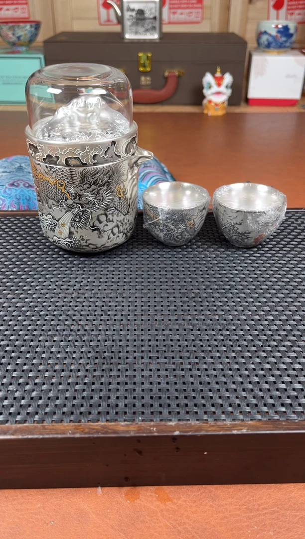 银壶旅行套装一壶两杯礼盒包装带茶盘