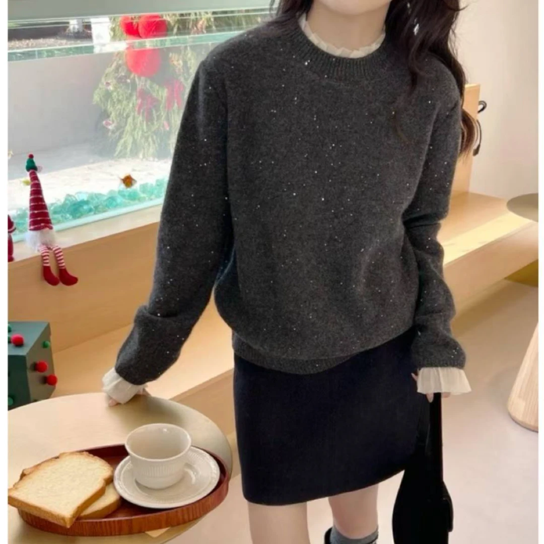 【欧根纱拼接】亮片闪闪点缀气质欧根纱高级感拼接针织套头衫1163