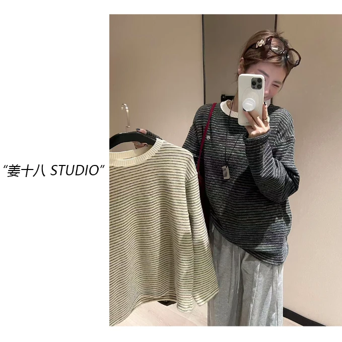 姜十八-「悦动条纹」韩国单！简约时尚宽松休闲长袖体恤打底