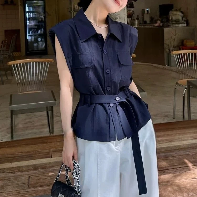 韩系翻领收腰衬衫2025夏季薄款白色裤子垂坠感