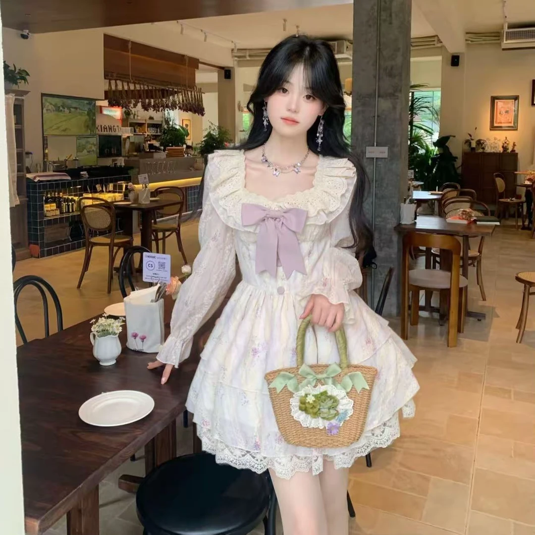 8278 早秋大码女装法式绝美温柔蝴蝶结公主收腰蛋糕裙