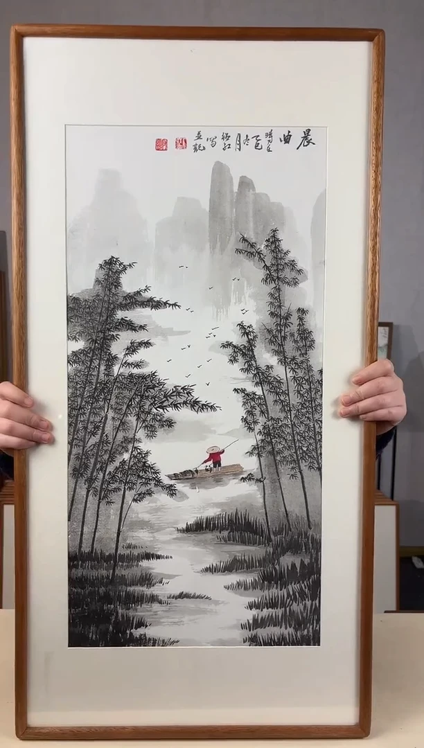 国画手绘*晨曲*47*92cm*原木色木框