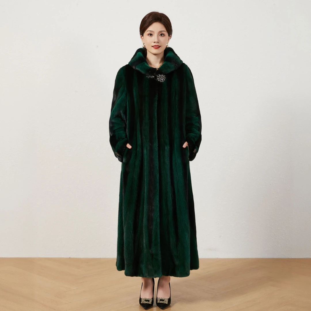 【品千姿】翠绿双色连帽长款进口貂天鹅绒短二