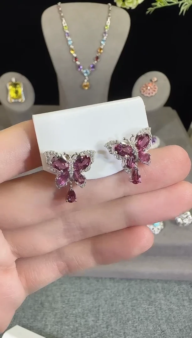 石榴石耳饰银S925镶嵌16mm耳钉