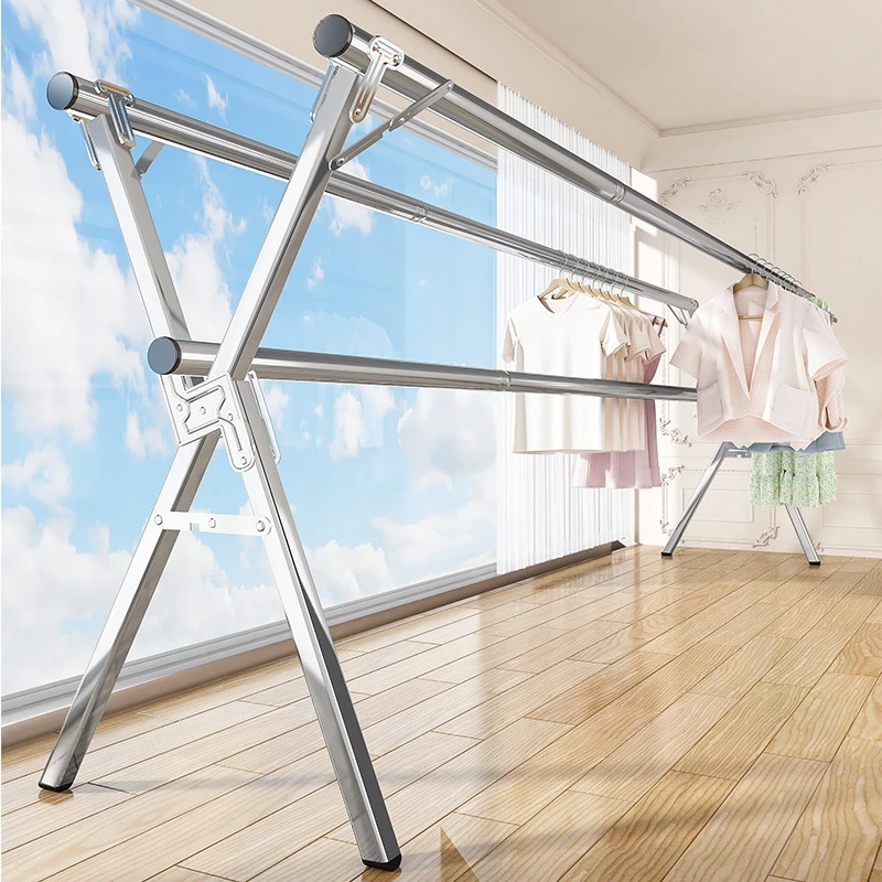 镀锌钢管置地晾衣架落地式家用挂衣户外防风双杆加厚加粗晒衣架子