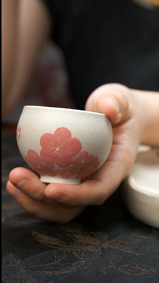 茶壶紫砂白泥粉花杯
