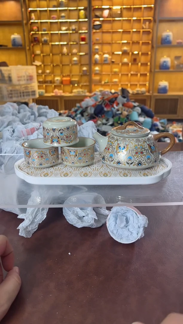 瓷片 鸣盏居11111金银错石瓢壶+3杯+茶盘