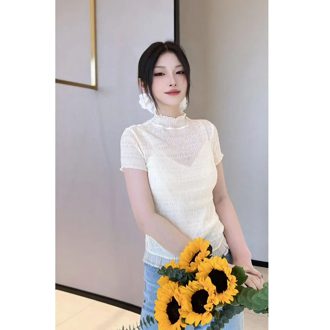 AMASS/阿玛施春夏条纹短袖打底衫百搭少女风花边领T恤内搭530063