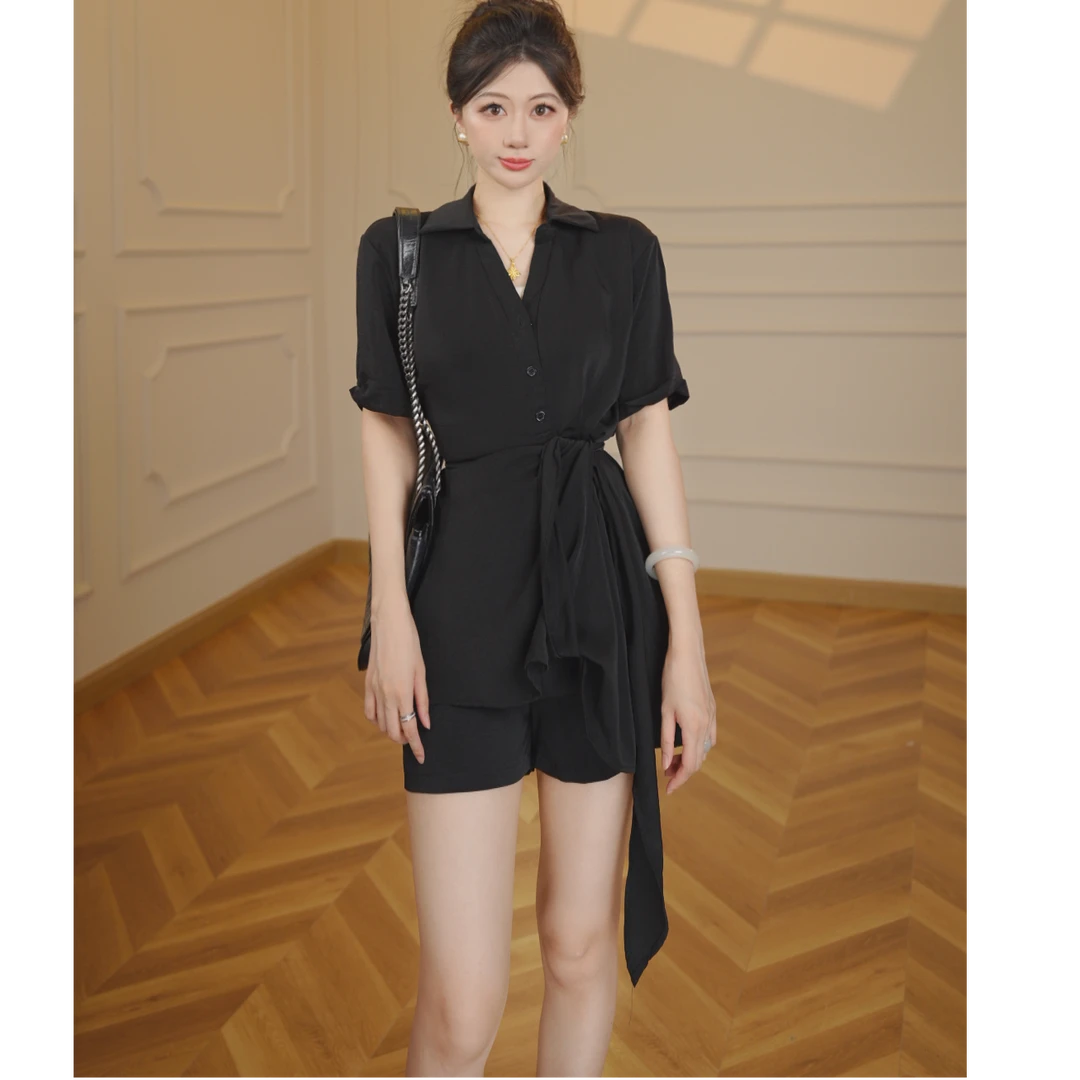 【张小小】【两件套】绑带收腰显瘦衬衫连衣裙+短裤2025夏季D1710