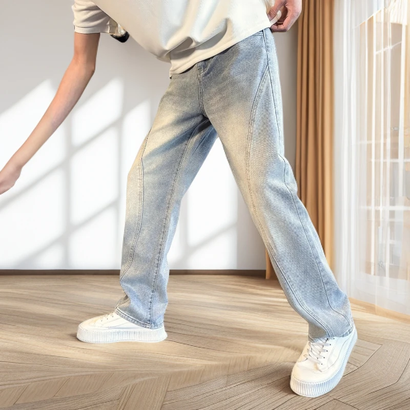 仓石一树浅蓝色弯刀牛仔裤男夏季潮流痞帅男裤2025轻奢痞帅男装