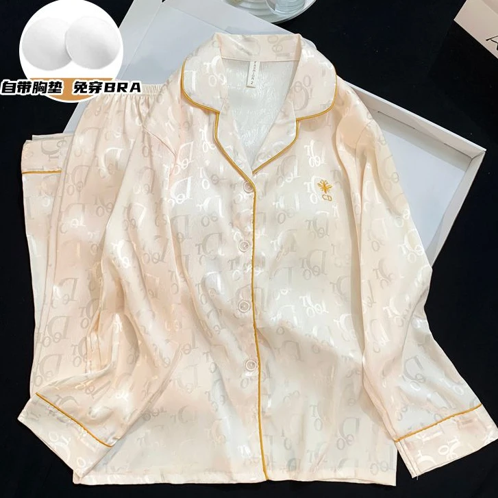 网红高级感带胸垫冰丝睡衣女春秋季新款翻领长袖裤轻奢透气家居服