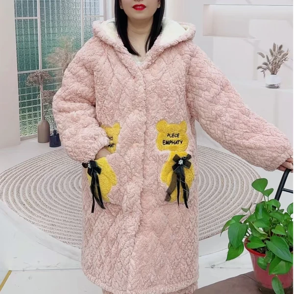 hx冬季女士长款舒棉绒三层加棉加厚睡衣套装加厚保暖可外穿