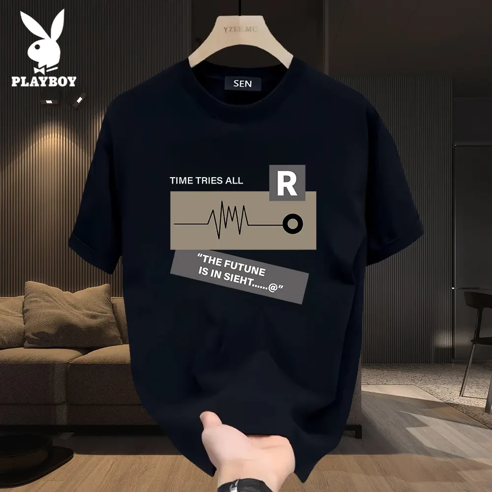 花花公子2025冰丝短袖男士T恤索罗娜印花时尚宽松短袖t打底衫夏季